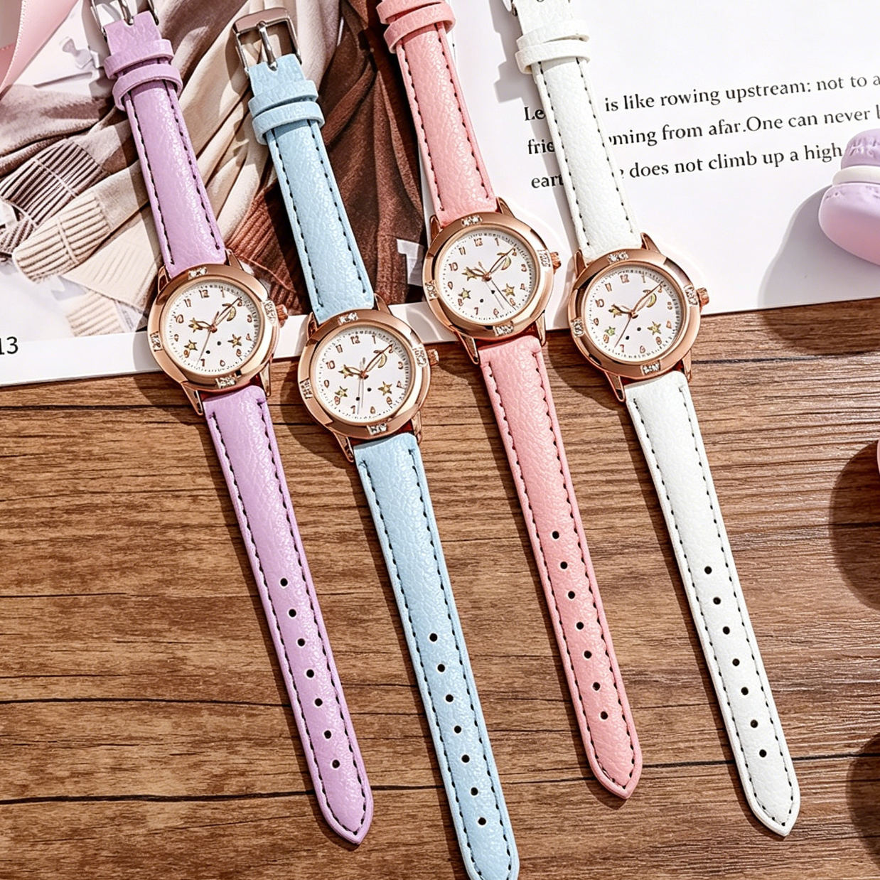 Luminous diamond-studded leather-strap women’s watch